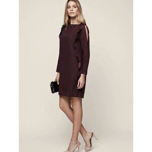 REISS Neptune Ruffle-sleeve Shift Dress Long Sleeve Mini Oxblood Size 10